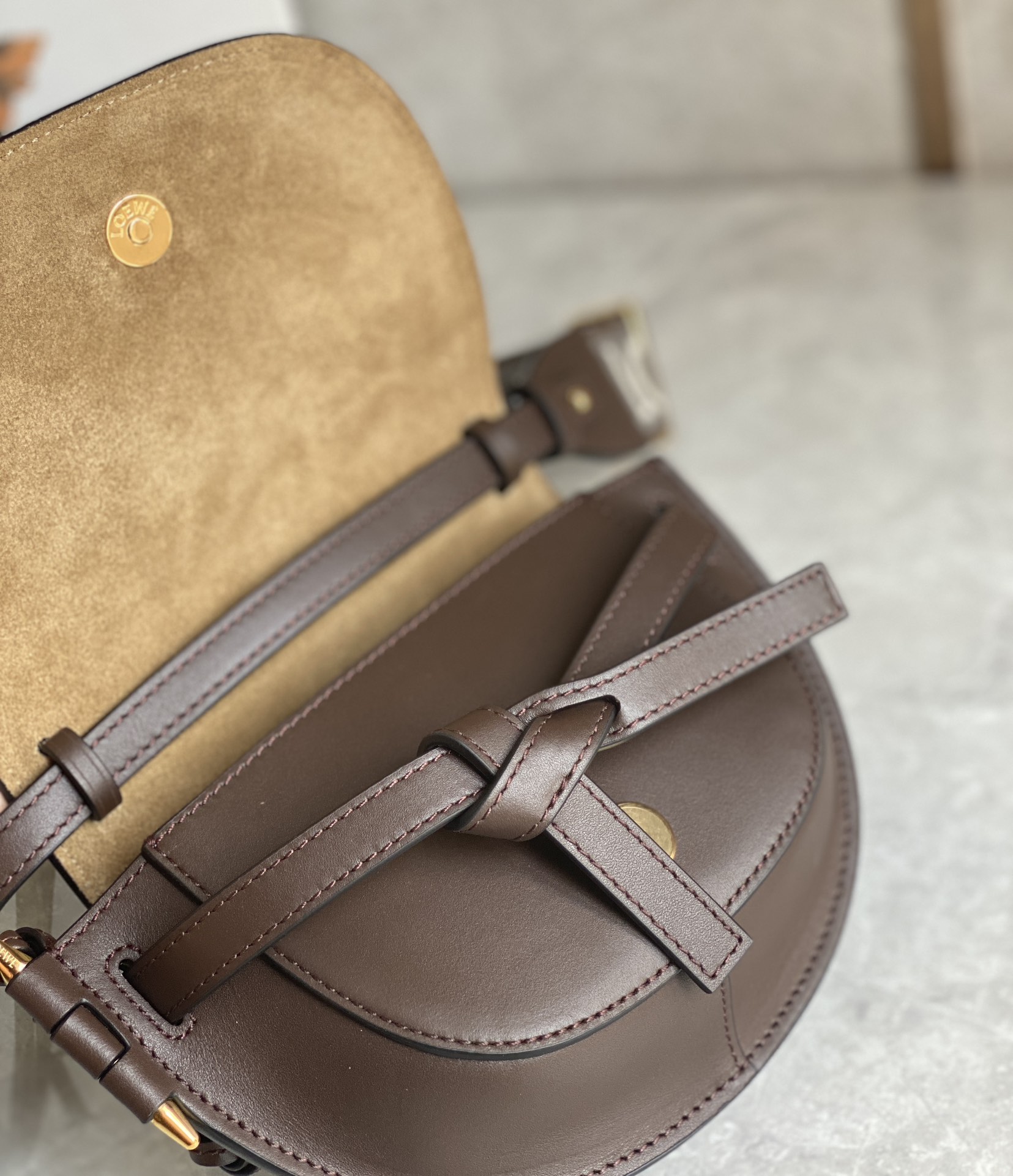 Loewe Mini Gate Dual Bag in Soft Calfskin and Jacquard Dark Chocolate